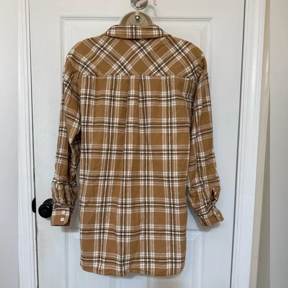 LOFT Plaid Flannel Button Down Shirt Brown Tan Cozy Oversized S - Picture 3 of 8